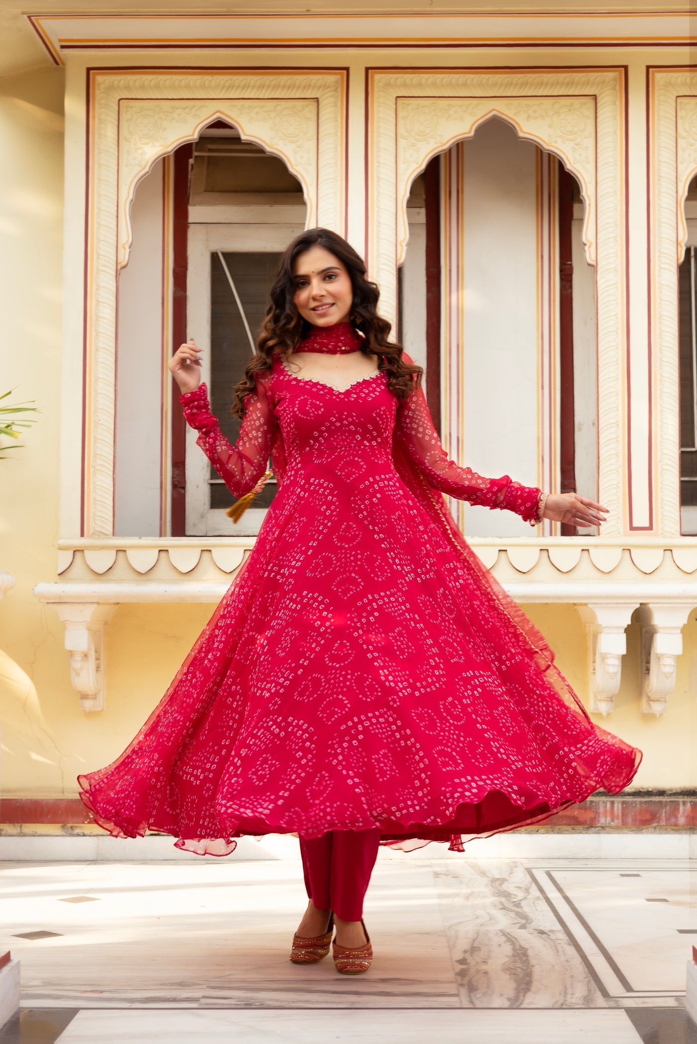 Rani Pink Bandhani Anarkali Suit Set with Dupatta | Wedding & Festive Wear