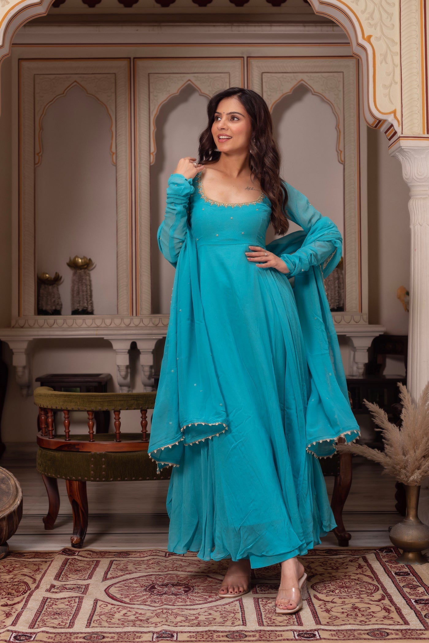 Party Wear Teal Blue Georgette Anarkali Suit for Women