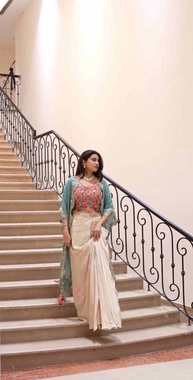 Indo-Western Dhoti Skirt Set for Women | Party Wear Embroidered Crop Top & Cape