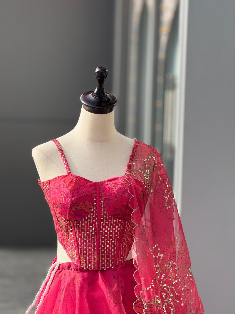 Rani Pink Floral Organza Fully Stitched Corset Lehenga Choli with Dupatta | Perfect for Farewell, Sangeet & Festive Occasions