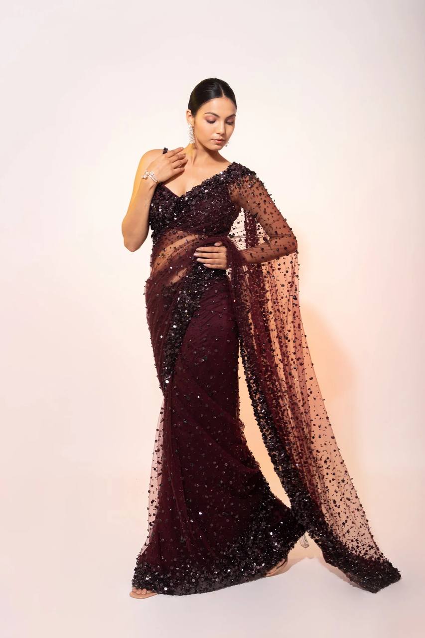 Dark Brown Sequin Net Saree with Blouse | Cocktail & Reception Wear