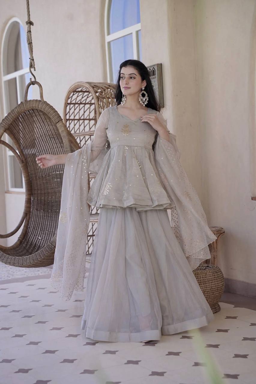Party Wear Silver Grey Foil Work Peplum Palazzo Suit Set with Dupatta