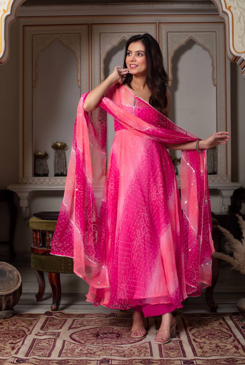 PInk Bandhani Real Mirror Work Anarkali Kurta Suit Set for Women | Festive & Party Wear Suit