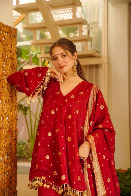 Wine Maroon Festive Silk Top Palazzo Suit Set with Banarasi Dupatta