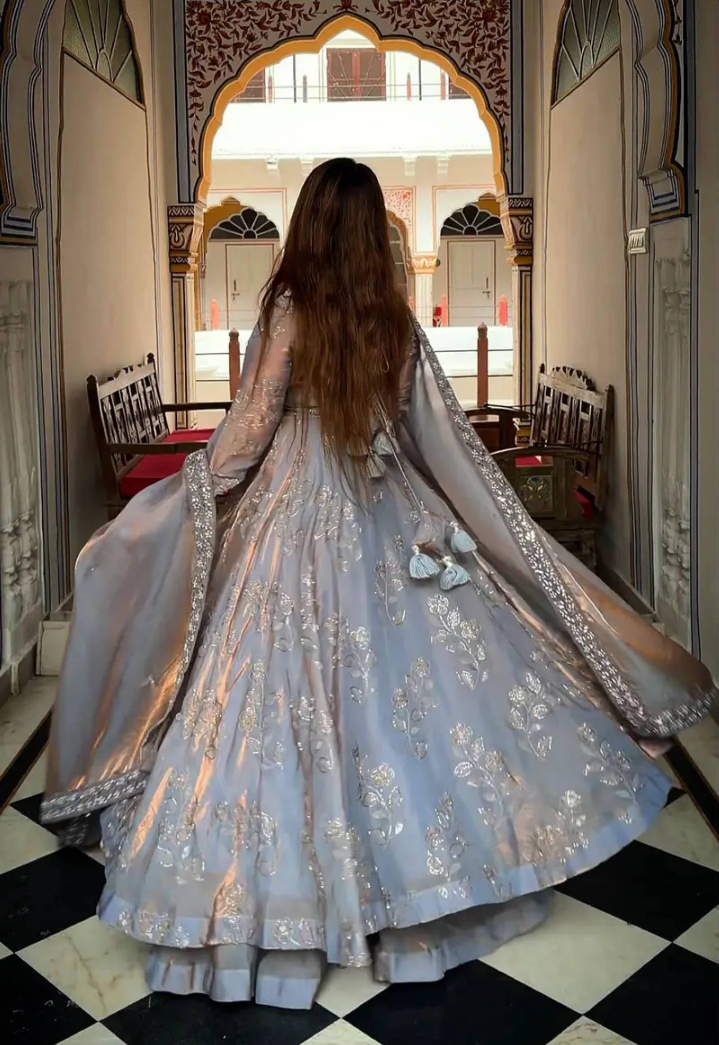 Silver Grey Fandy Silk Anarkali Gown Suit Set with Dupatta