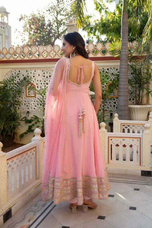 Blush Pink Anarkali Suit Set with Mirror Dupatta for Women