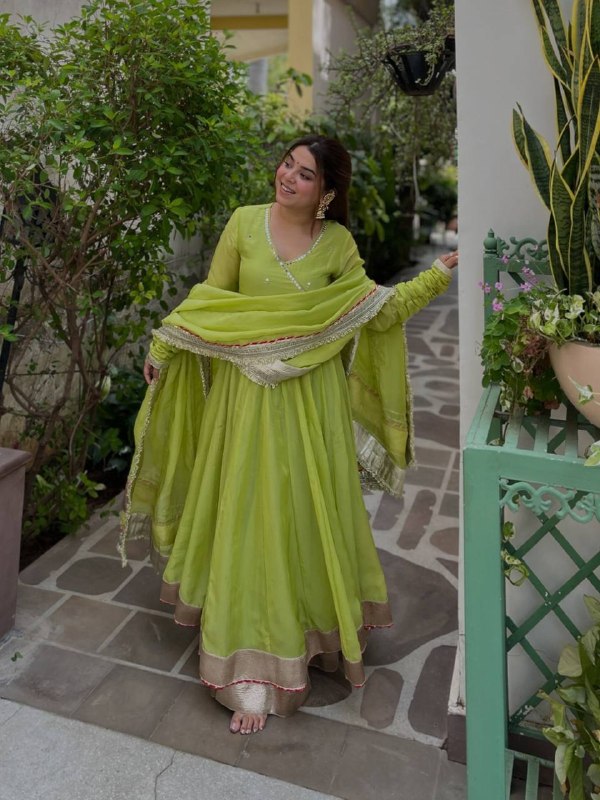 Lime Green Mirror Work Anarkali Lehenga Set with Dupatta for Women | Wedding & Festive Wear
