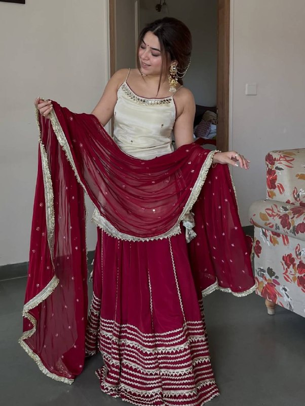 Ivory Maroon Zari Embroidered Short Kurti Lehenga Set with Dupatta for Women