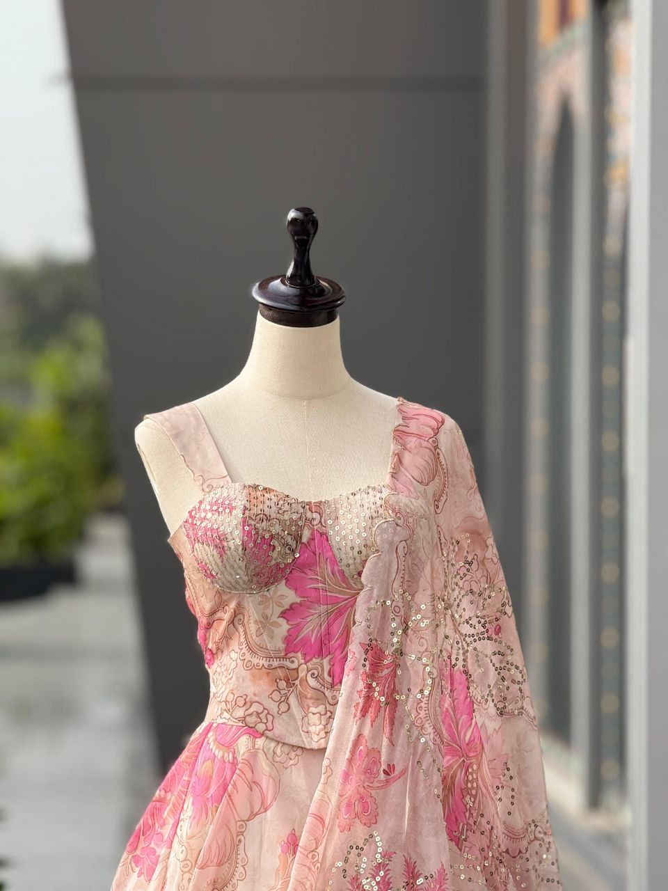 Ivory Pink Floral Organza Silk Fully Stitched Lehenga Choli with Dupatta For Women | Wedding Outfits For Women