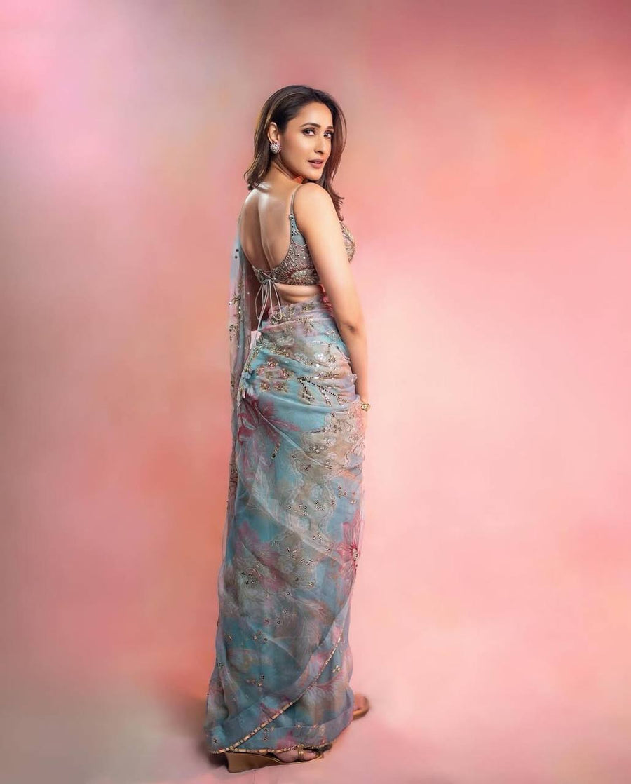 Sky Blue Floral Mirror Work Saree with Unstitched Blouse for Women | Party Wear Saree For Women