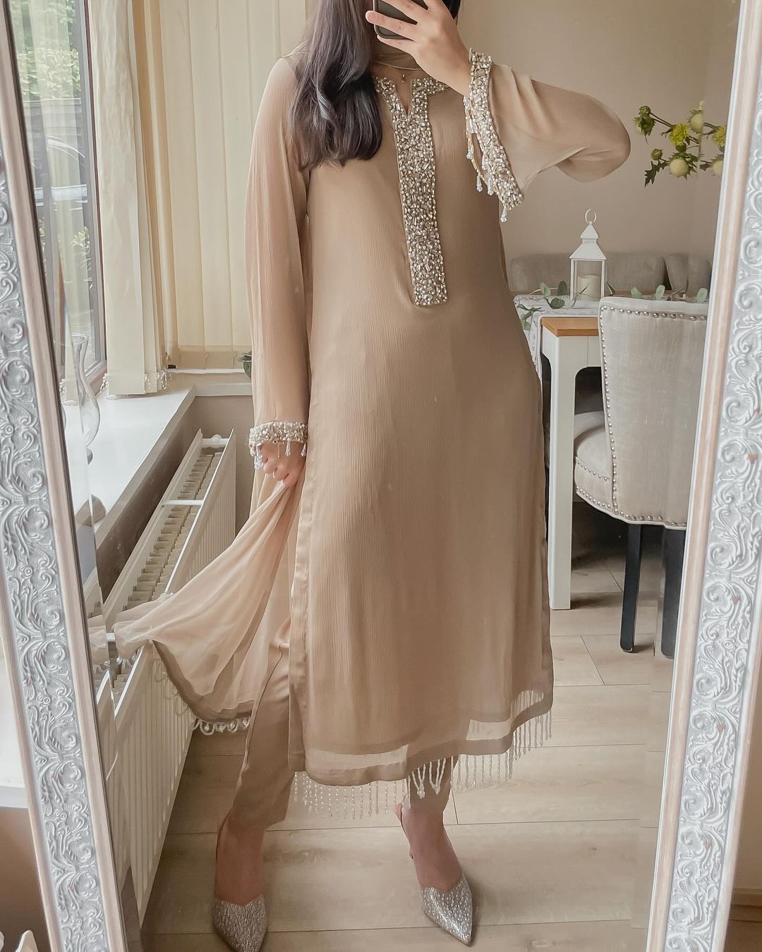 Designer Moti Handwork Georgette Pakistani Suit Set with Pant & Dupatta for Women