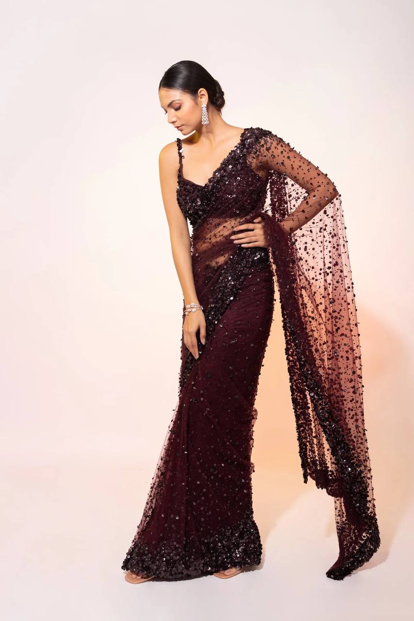 Dark Brown Sequin Net Saree with Blouse | Cocktail & Reception Wear