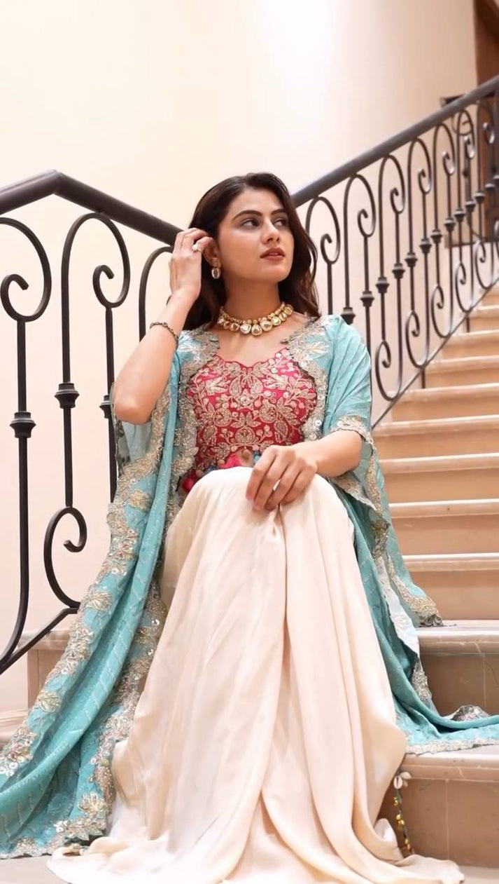 Indo-Western Dhoti Skirt Set for Women | Party Wear Embroidered Crop Top & Cape