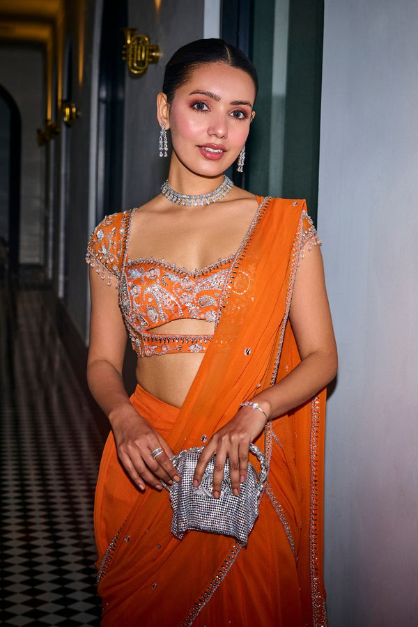 Party Wear Orange Embroidered Ready-to-Wear Ruffle Lehenga Saree for Women | Wedding Outfits For Women