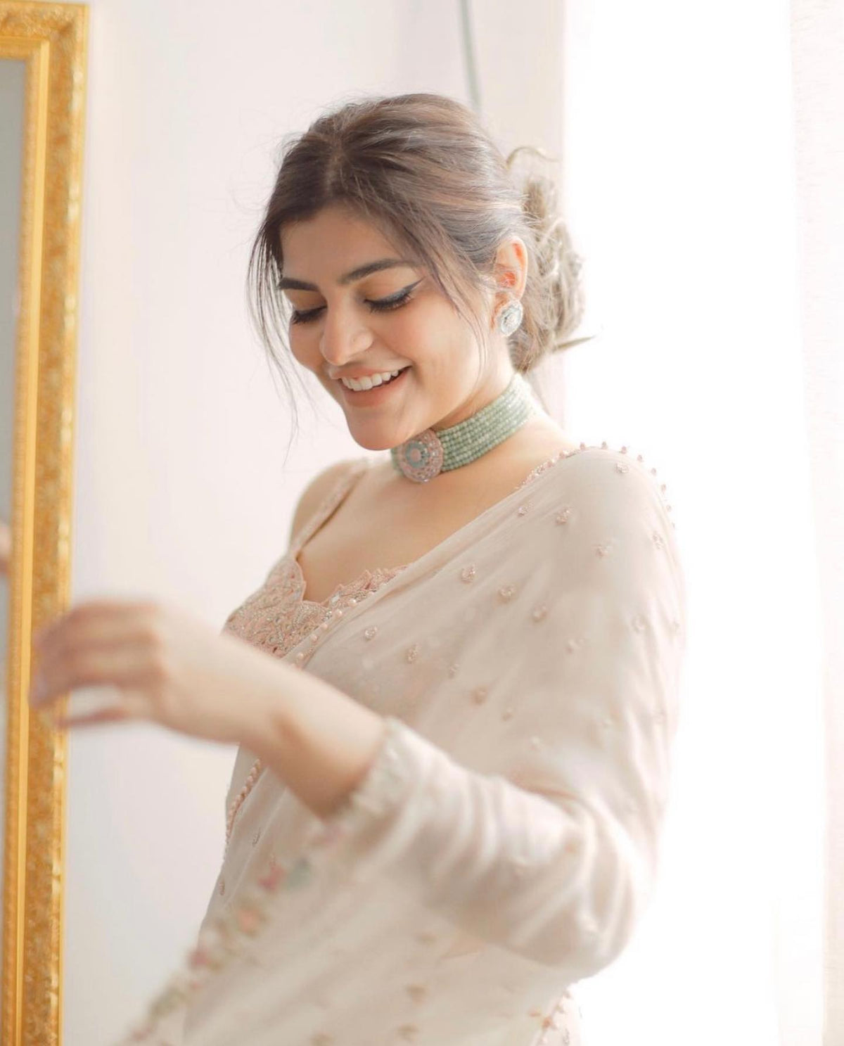 Off-White Wedding Wear Real Mirror Work Ruffle Saree with Blouse for Women | farewell saree for girls