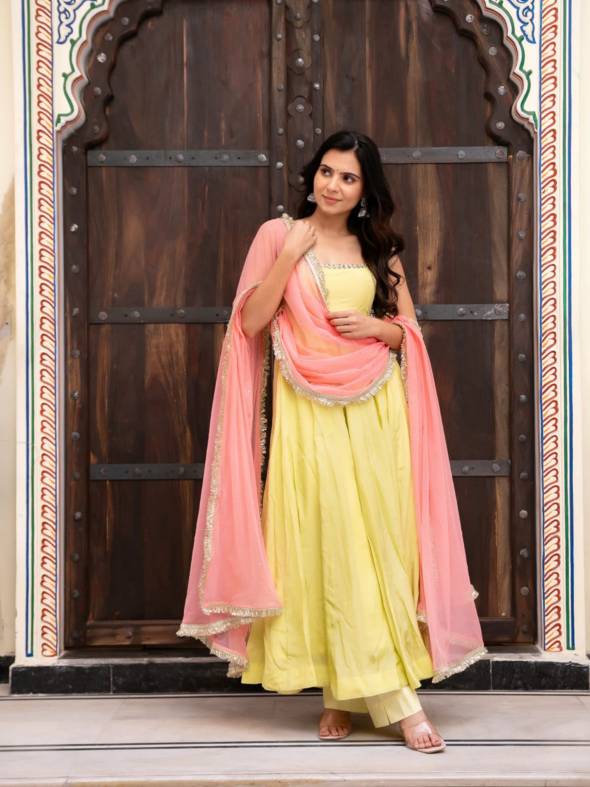 Lemon Yellow Anarkali Gown Suit with Pink Dupatta Set