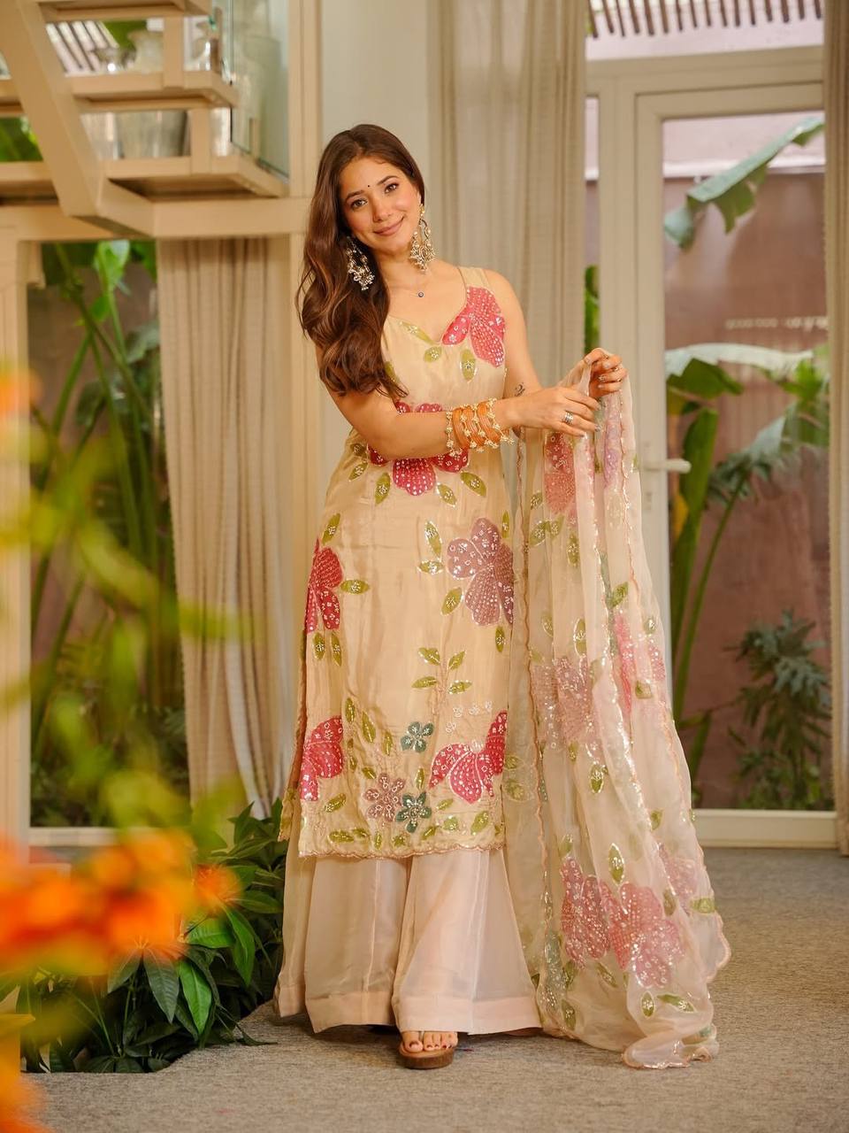 Champagne Beige Floral Sequin Organza Silk Palazzo Suit Set with Dupatta for Women