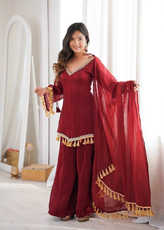 Wine Maroon Mirror Work Kurta Palazzo Suit Set for Women | Wedding, Festive & Party Wear