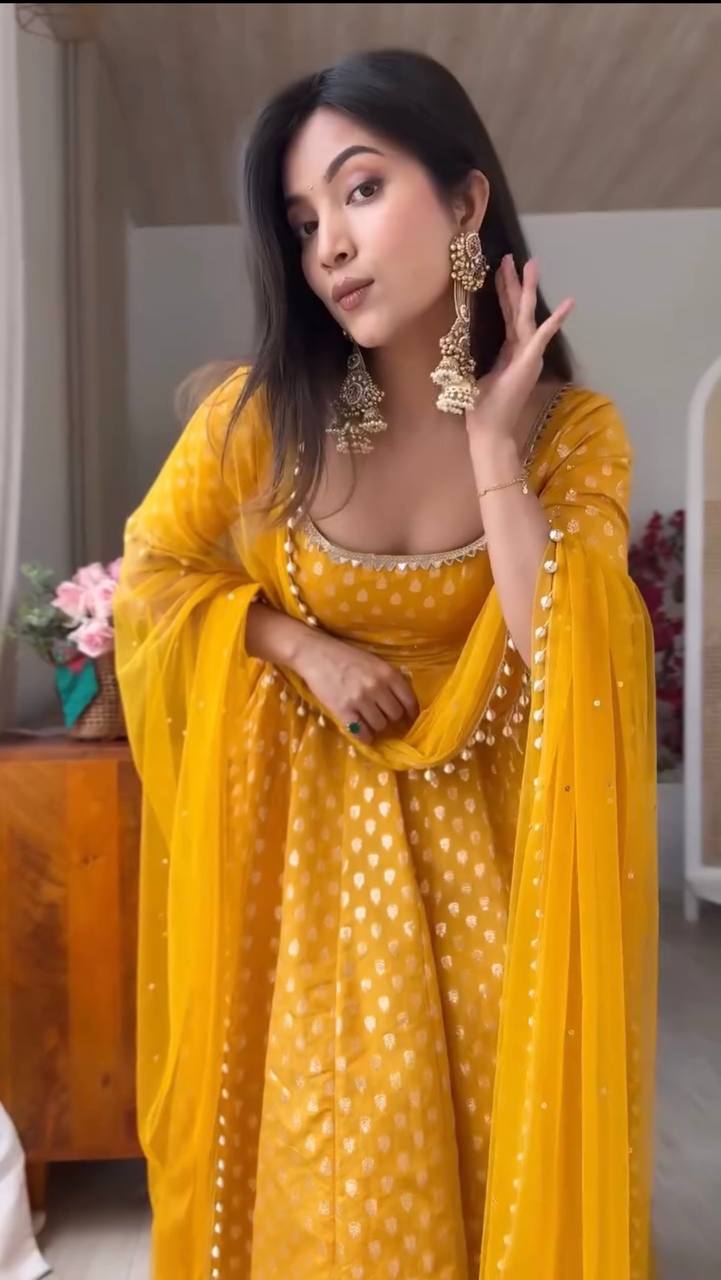 Festive Yellow Mirror Work Anarkali Suit Set for Women