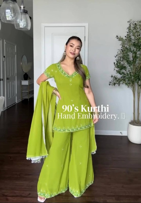 90's Iconic Lime Green Embroidered Georgette Sharara Suit Set with Dupatta