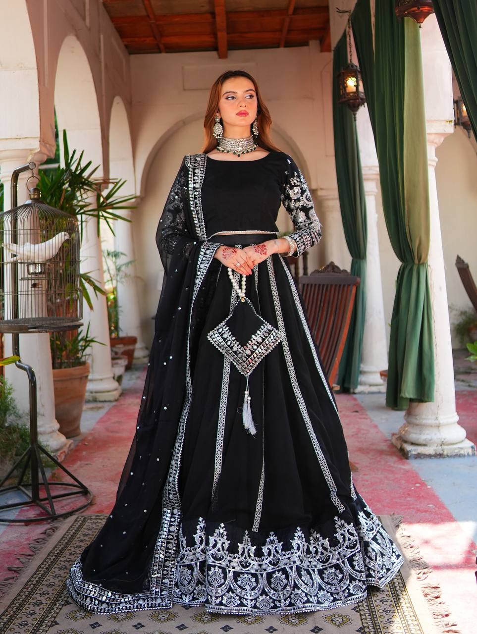Luxury Black Velvet Embroidered Lehenga Choli Set