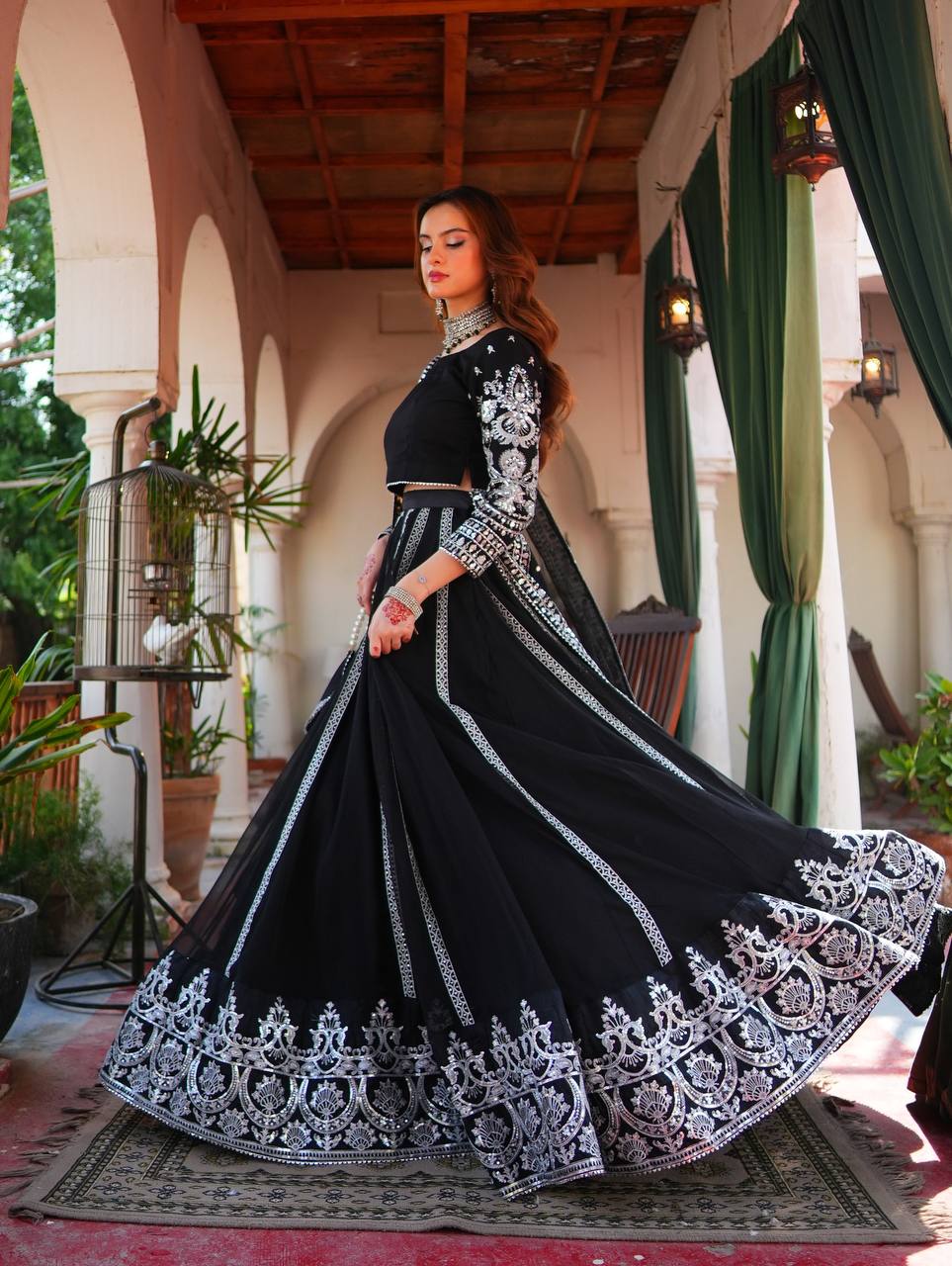 Luxury Black Velvet Embroidered Lehenga Choli Set