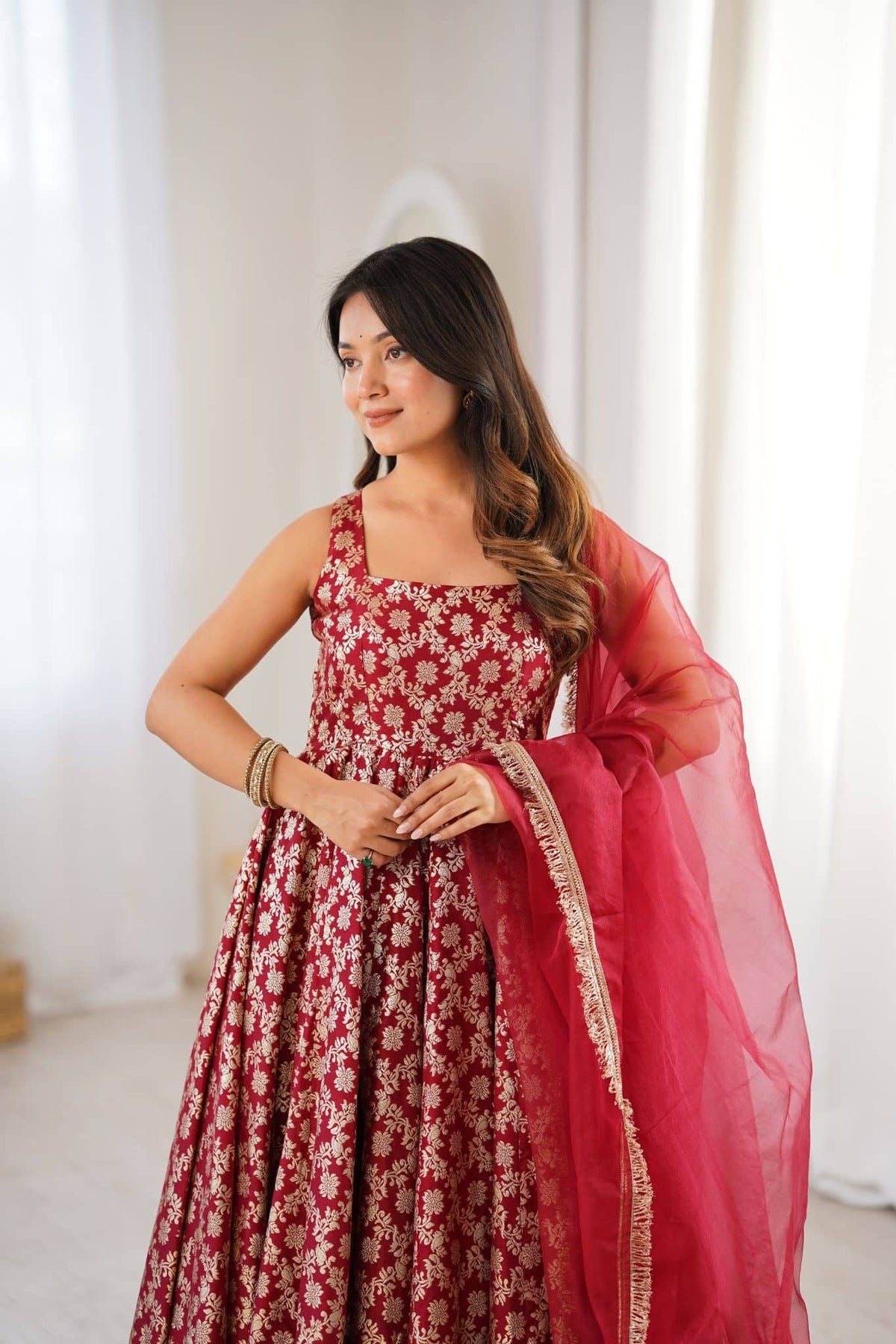 Maroon Gold Brocade Silk Anarkali Suit Set with Organza Dupatta for Women