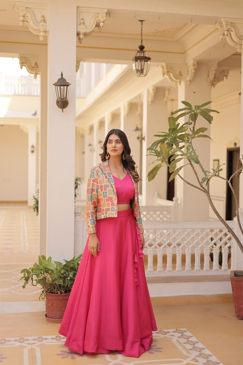 Stylish Chinon Fully Stitched Designer Lehenga Choli Koti Set - Ethnicwish