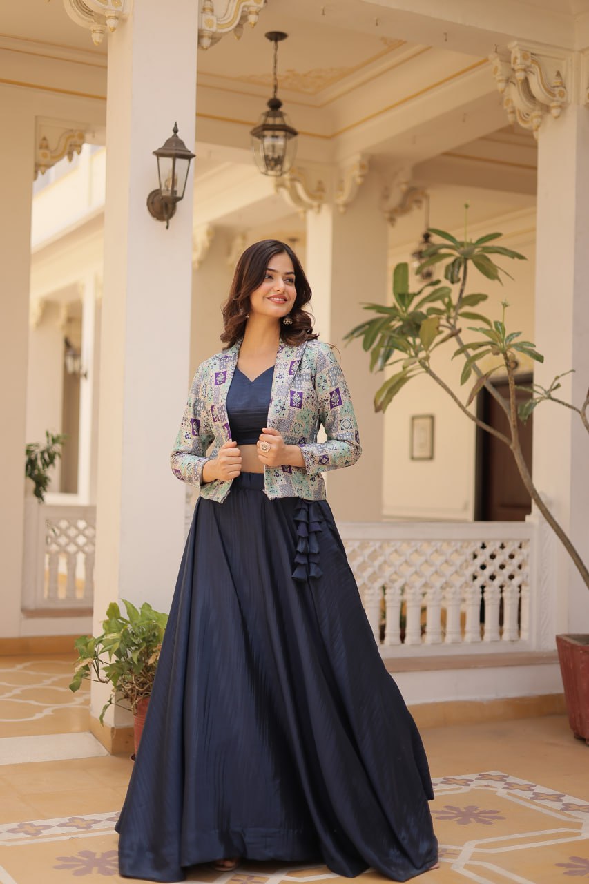 Stylish Chinon Fully Stitched Designer Lehenga Choli Koti Set - Ethnicwish