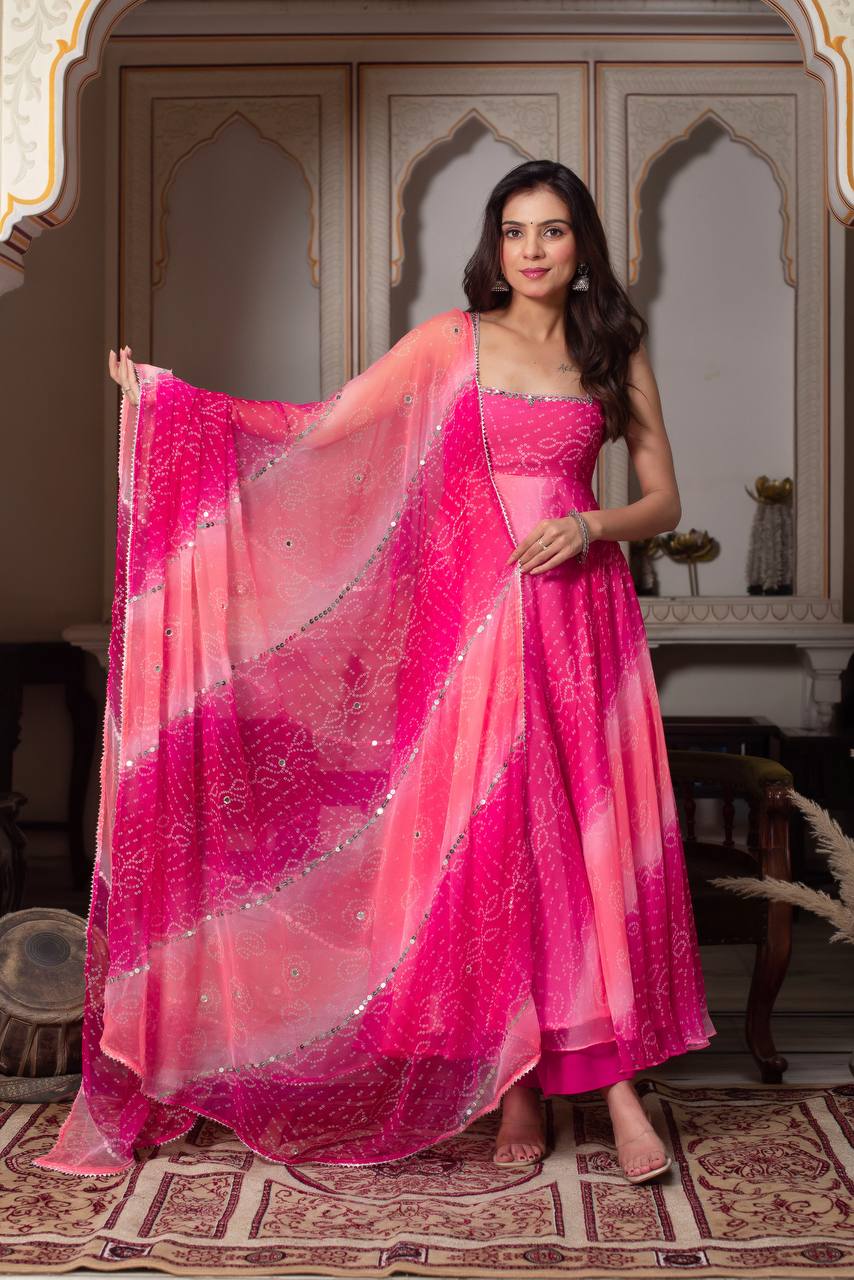 PInk Bandhani Real Mirror Work Anarkali Kurta Suit Set for Women | Festive & Party Wear Suit