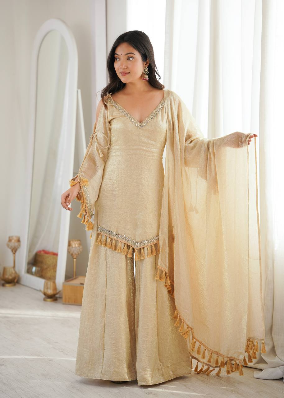 Champagne Gold Mirror Work Party Wear Palazzo Suit Set for Women