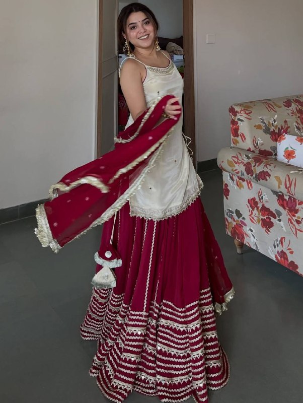Ivory Maroon Zari Embroidered Short Kurti Lehenga Set with Dupatta for Women