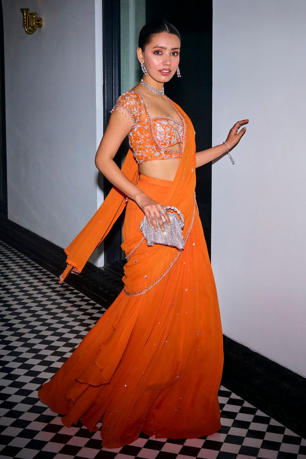 Party Wear Orange Embroidered Ready-to-Wear Ruffle Lehenga Saree for Women | Wedding Outfits For Women