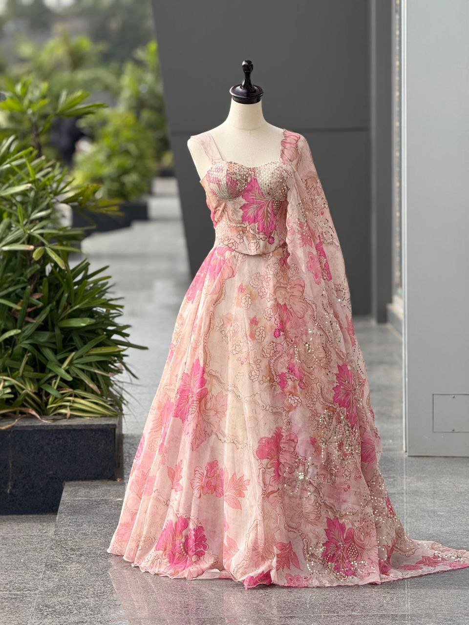 Ivory Pink Floral Organza Silk Fully Stitched Lehenga Choli with Dupatta For Women | Wedding Outfits For Women