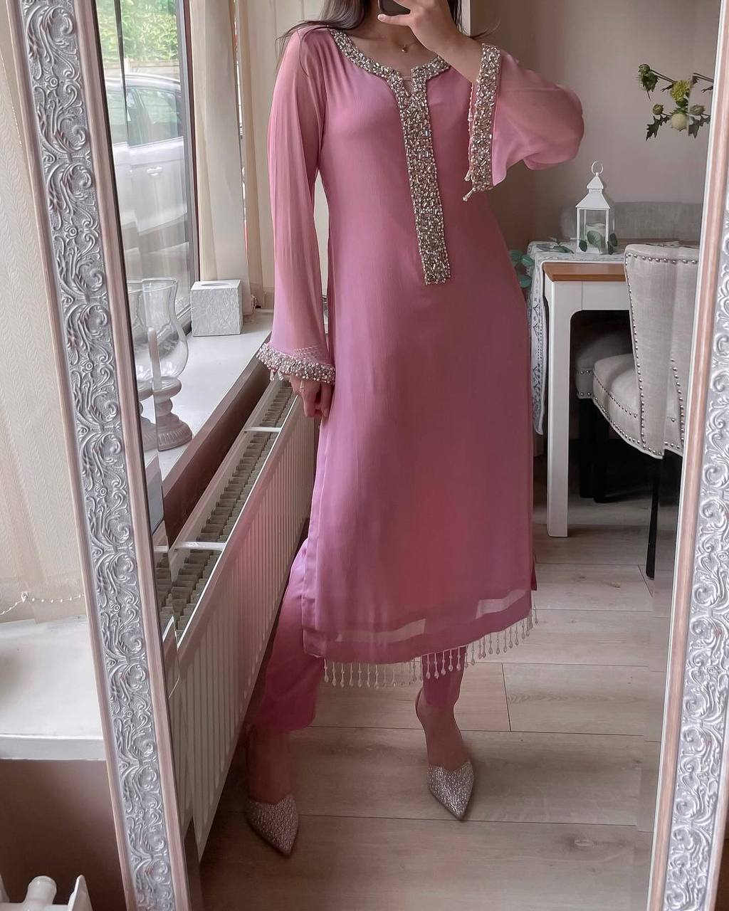 Designer Moti Handwork Georgette Pakistani Suit Set with Pant & Dupatta for Women