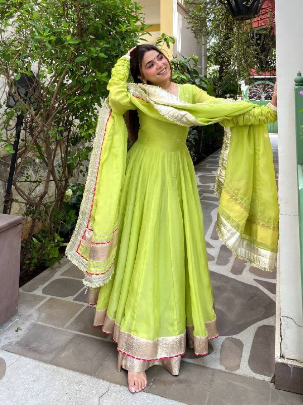 Lime Green Mirror Work Anarkali Lehenga Set with Dupatta for Women | Wedding & Festive Wear