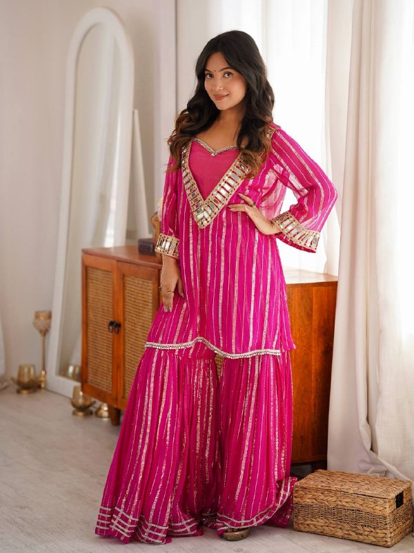 Festive Rani Pink Mirror Work Sharara Suit Set for Women | Mehendi, Haldi & Festive Outfit