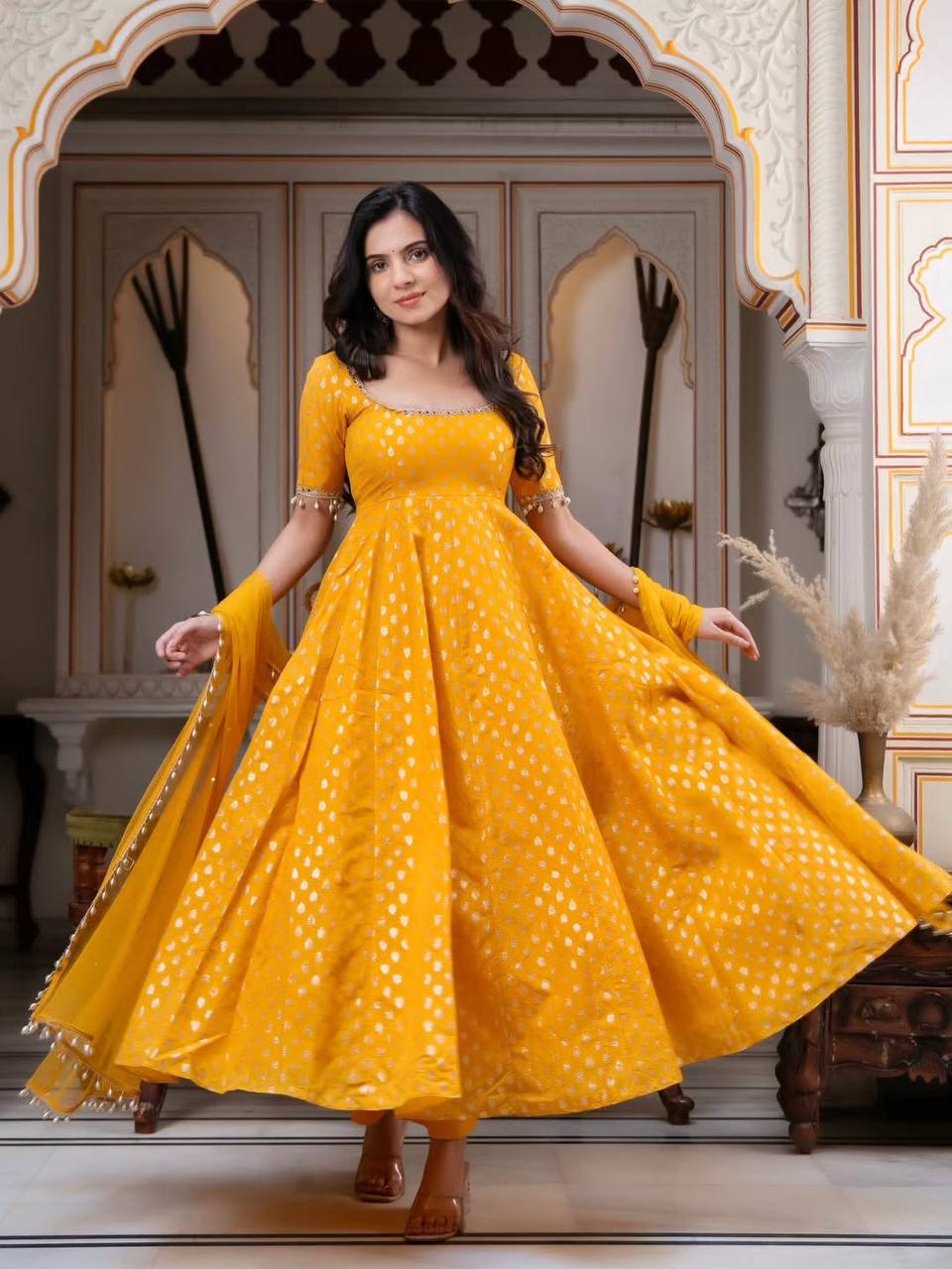 Festive Yellow Mirror Work Anarkali Suit Set for Women