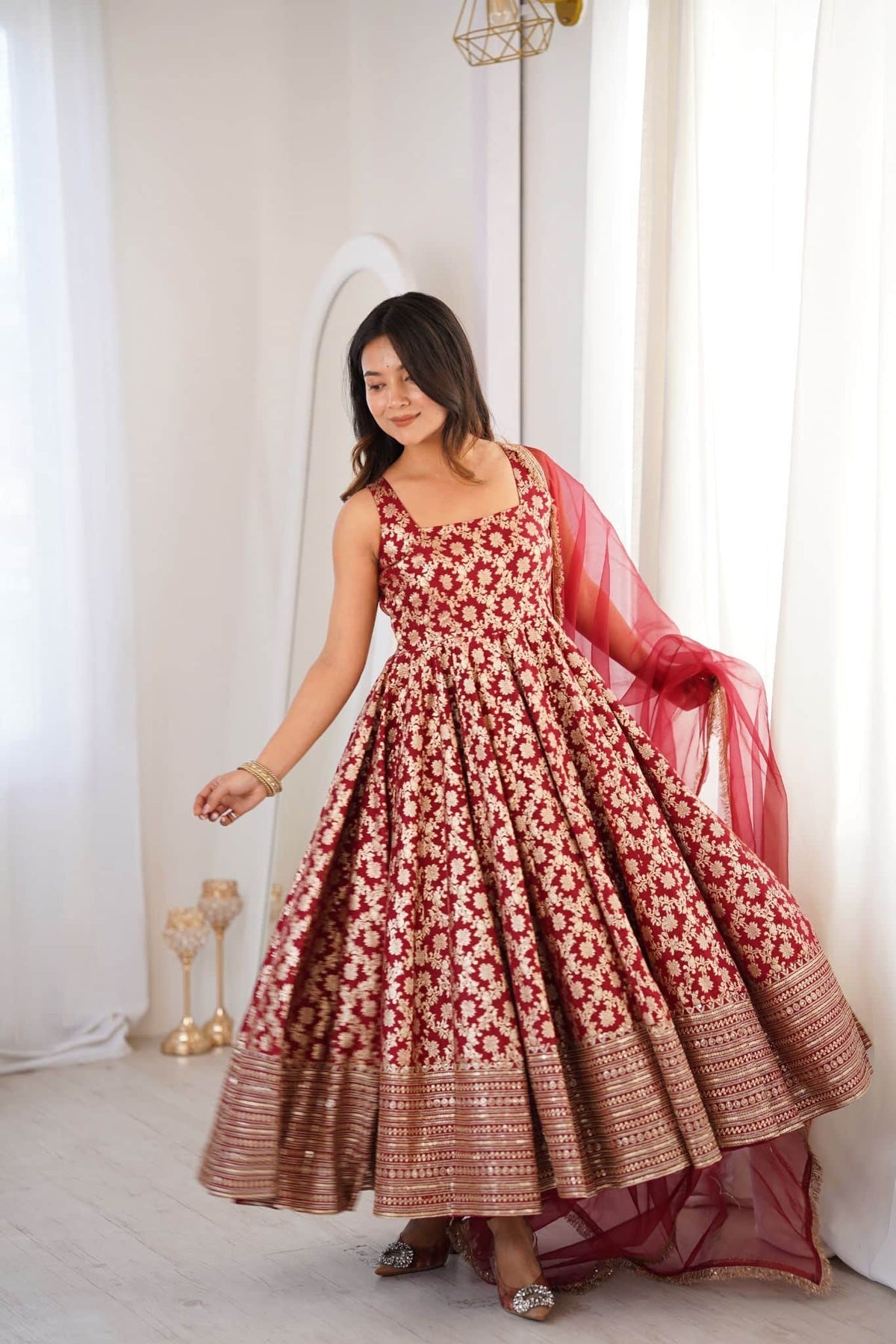 Maroon Gold Brocade Silk Anarkali Suit Set with Organza Dupatta for Women
