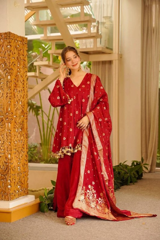 Wine Maroon Festive Silk Top Palazzo Suit Set with Banarasi Dupatta