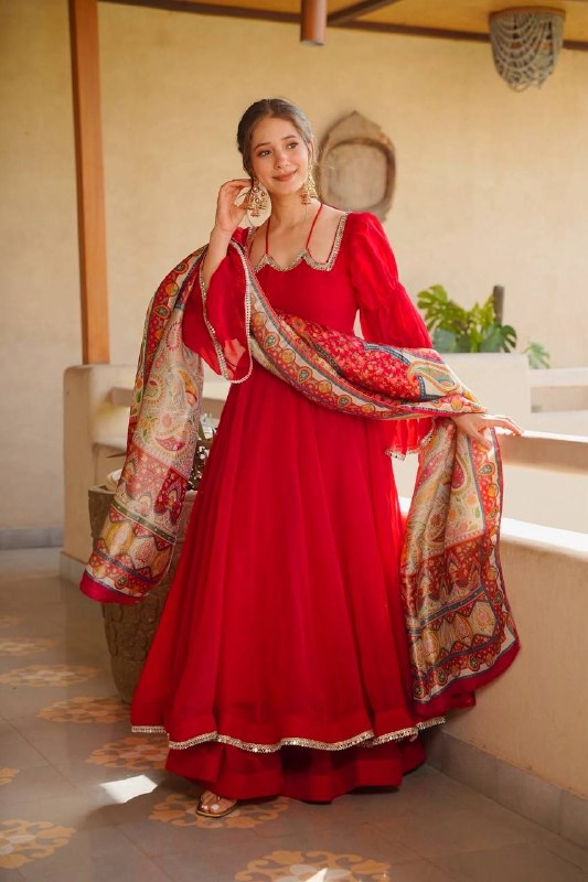 Scarlet Red Tabby Silk 3-Piece Anarkali Suit Set with Printed Dupatta