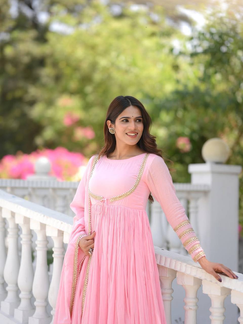 Blush Pink Vichitra Silk Anarkali Suit Set with Pant & Dupatta