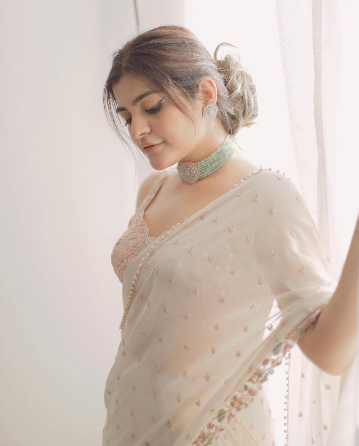 Off-White Wedding Wear Real Mirror Work Ruffle Saree with Blouse for Women | farewell saree for girls