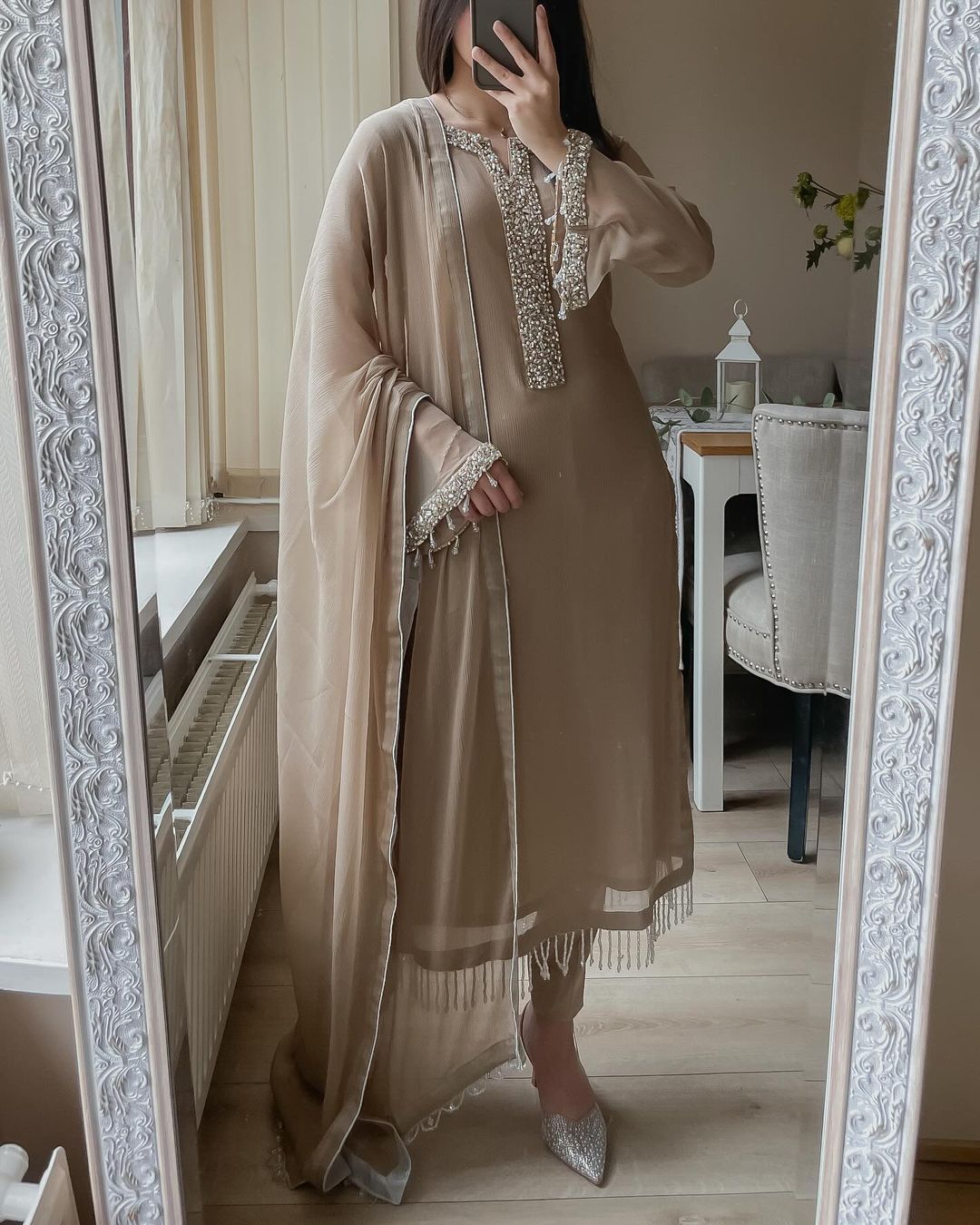 Designer Moti Handwork Georgette Pakistani Suit Set with Pant & Dupatta for Women