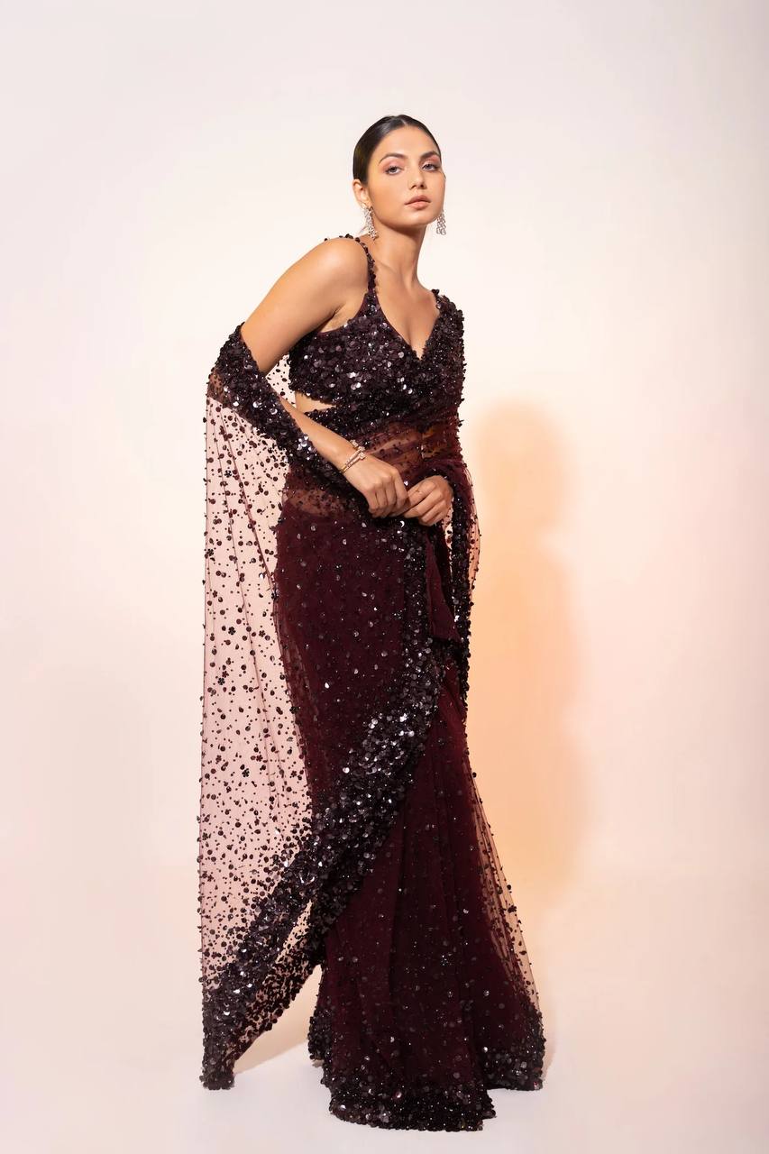 Dark Brown Sequin Net Saree with Blouse | Cocktail & Reception Wear