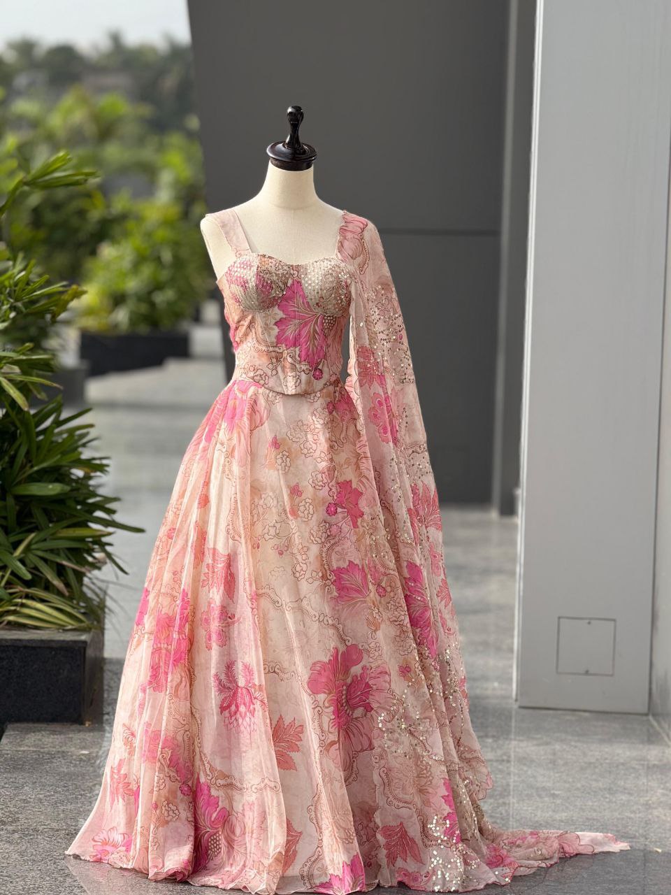 Ivory Pink Floral Organza Silk Fully Stitched Lehenga Choli with Dupatta For Women | Wedding Outfits For Women