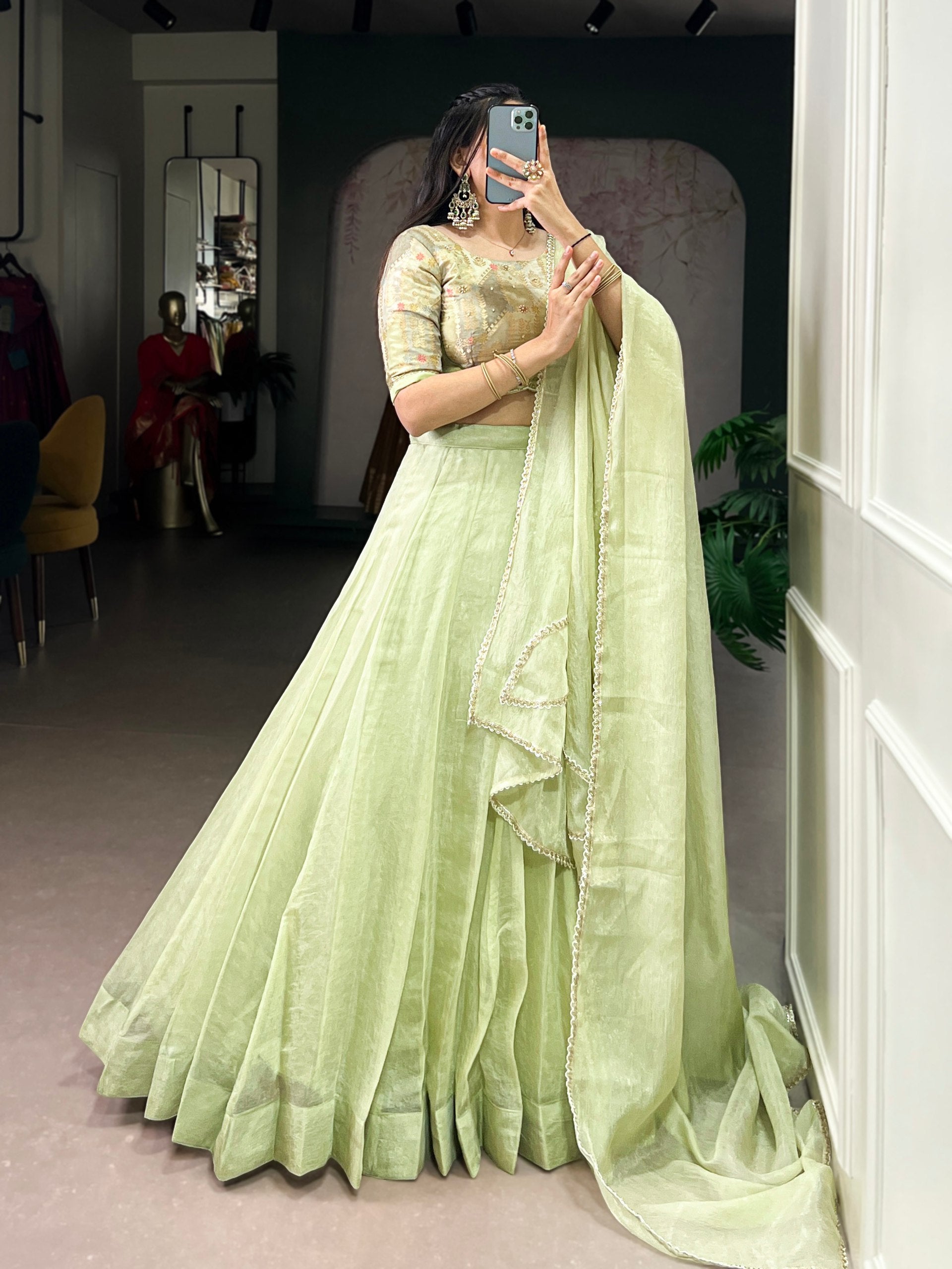Pastel Green Allen Crush Stitched Lehenga Choli Set