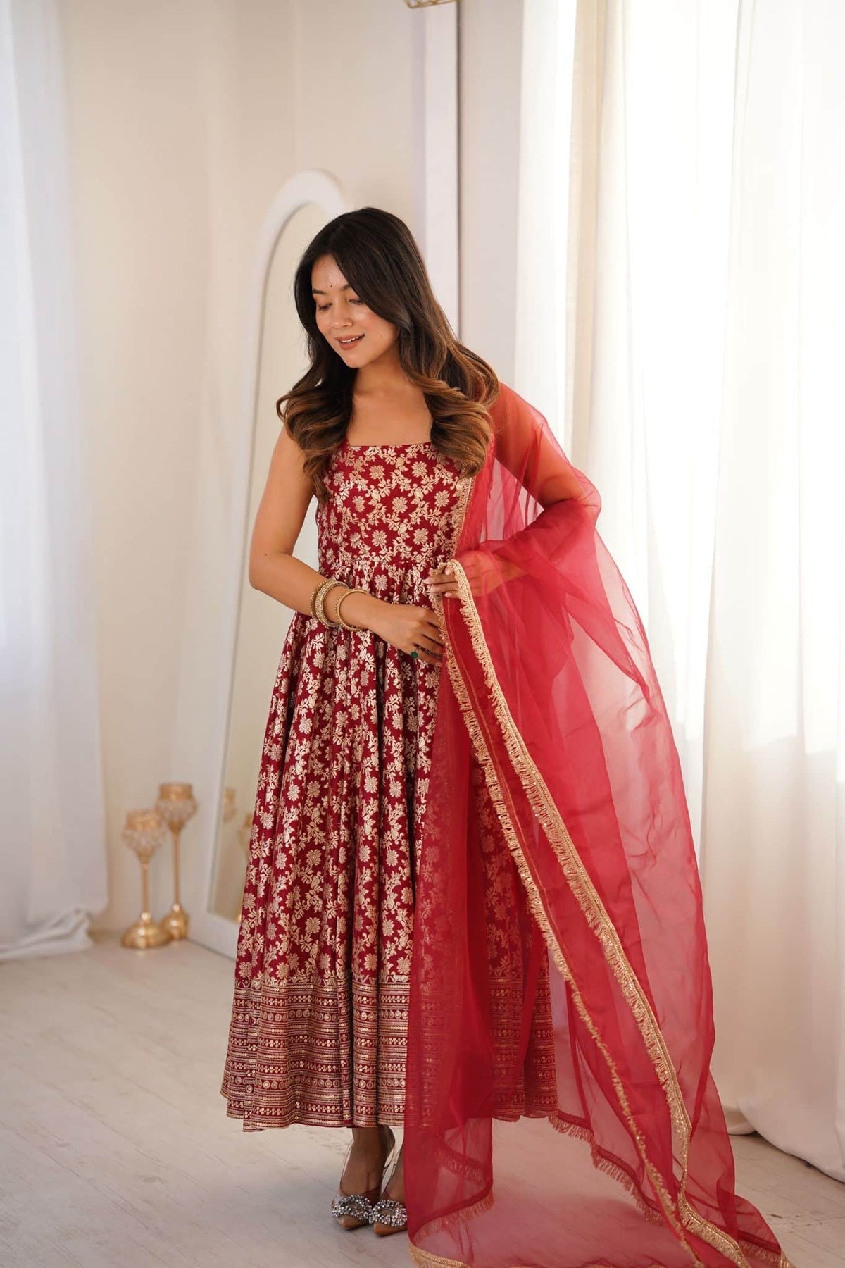Maroon Gold Brocade Silk Anarkali Suit Set with Organza Dupatta for Women