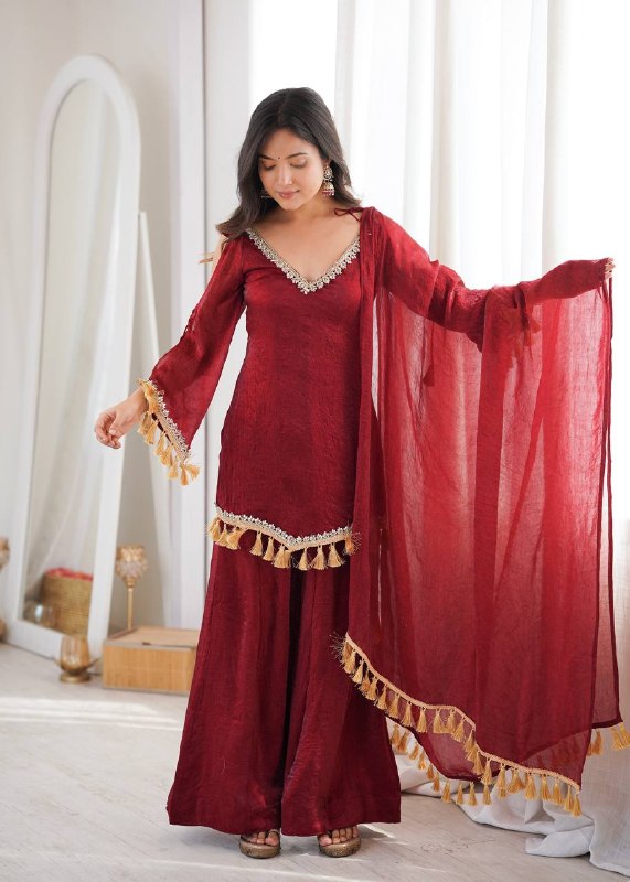 Wine Maroon Mirror Work Kurta Palazzo Suit Set for Women | Wedding, Festive & Party Wear