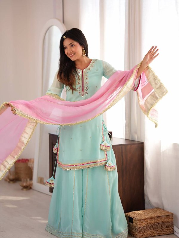 Sky Mint Organza Silk Sharara Suit Set with Pink Gota Patti Dupatta for Women